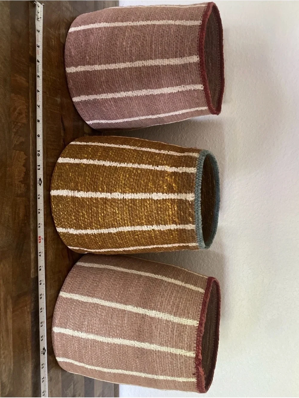 3 Crate&Barrel Striped Woven Storage Baskets in Pink and Mustard